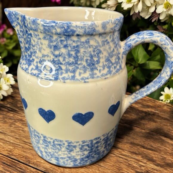 Large Roseville Pottery Blue Heart 8" Tall Spongeware Pitcher Made in USA - Picture 1 of 7